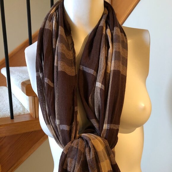Casual Fall Plaid Check Polyester Scarf/Wrap Brown Tan Taupe White Sz OS - Picture 1 of 3